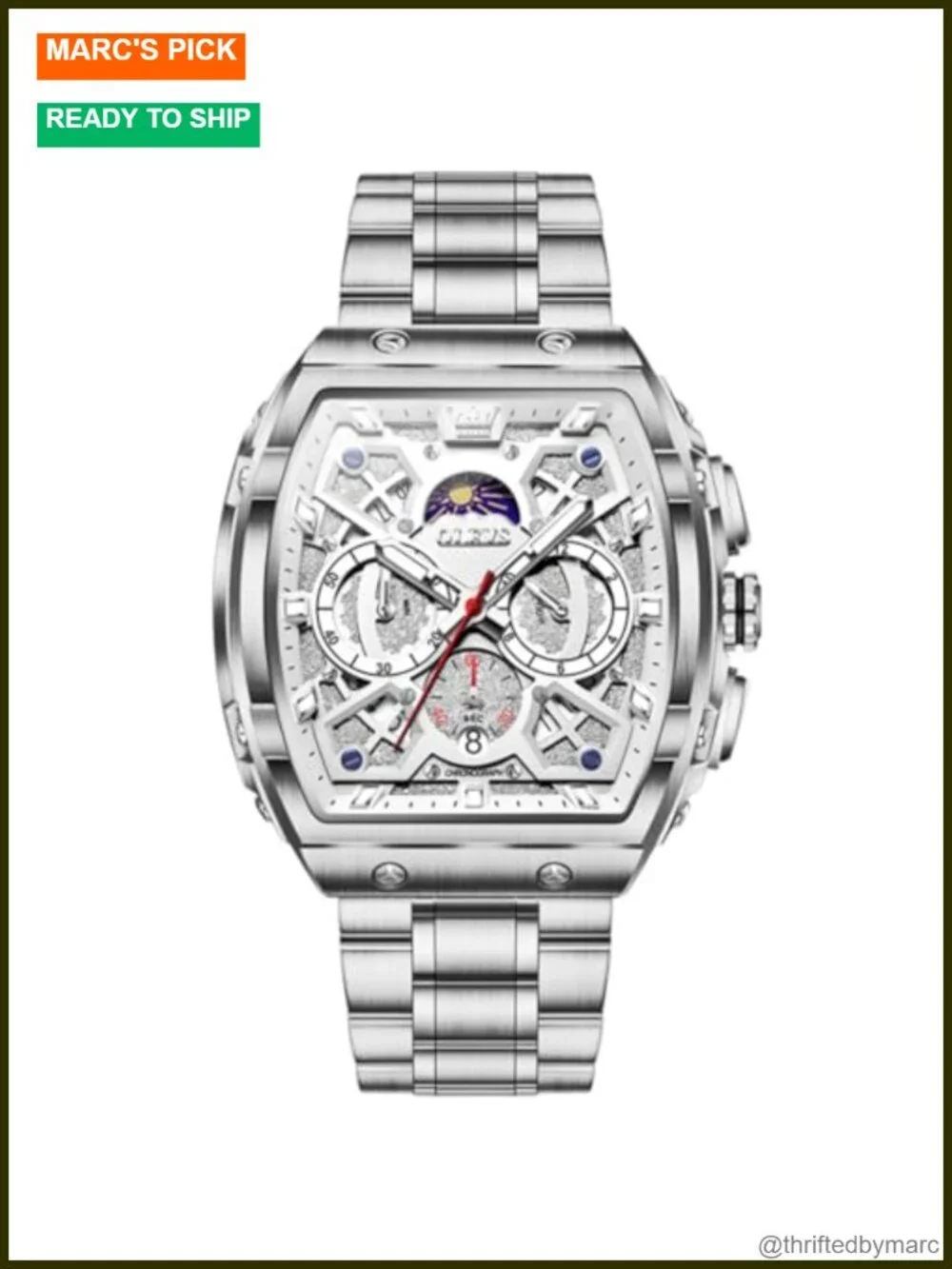 Luxury Men's Square Chronograph Moon Phase Stainless Steel Dress Wrist Watch